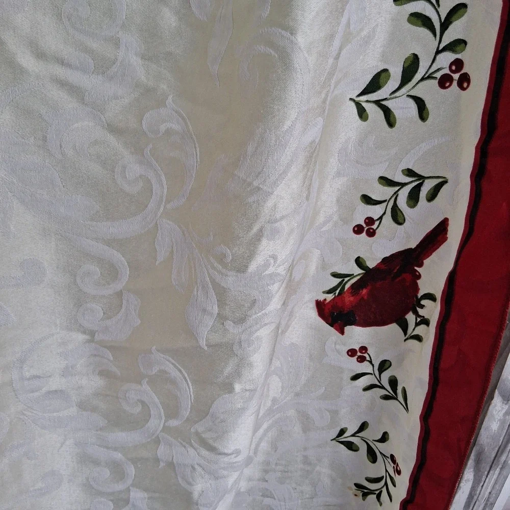 Vintage 90s Y2k Christmas Tablecloth Damask Cardinal Poinsettia 60x84